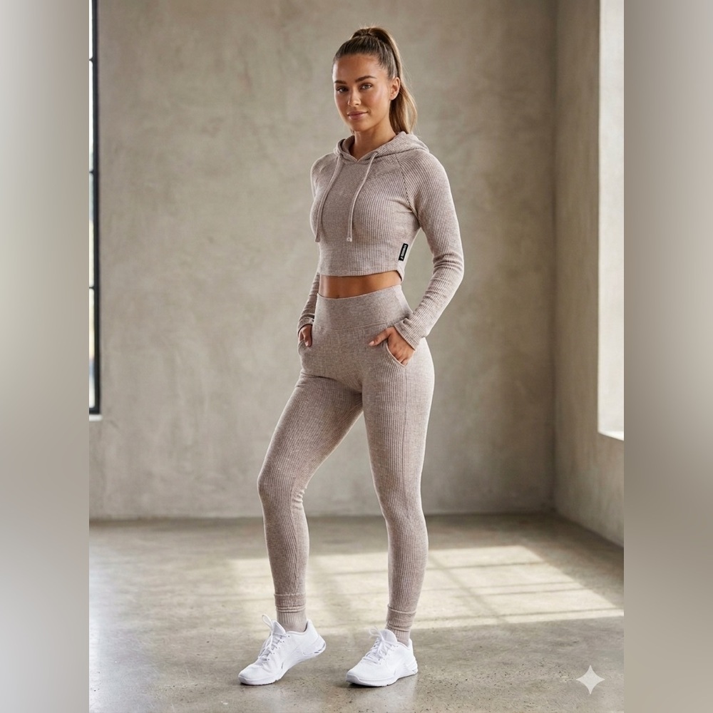 Gymshark Slounge Cropped Tan Ribbed Medium Hoodie Sporty Fitness Yoga Loungewear